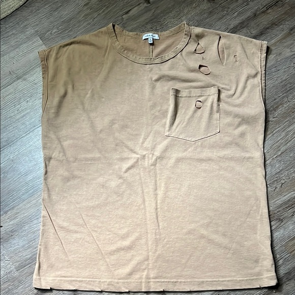 Tan Sleeveless Shirt Tshirt with Distressing - Picture 1 of 5
